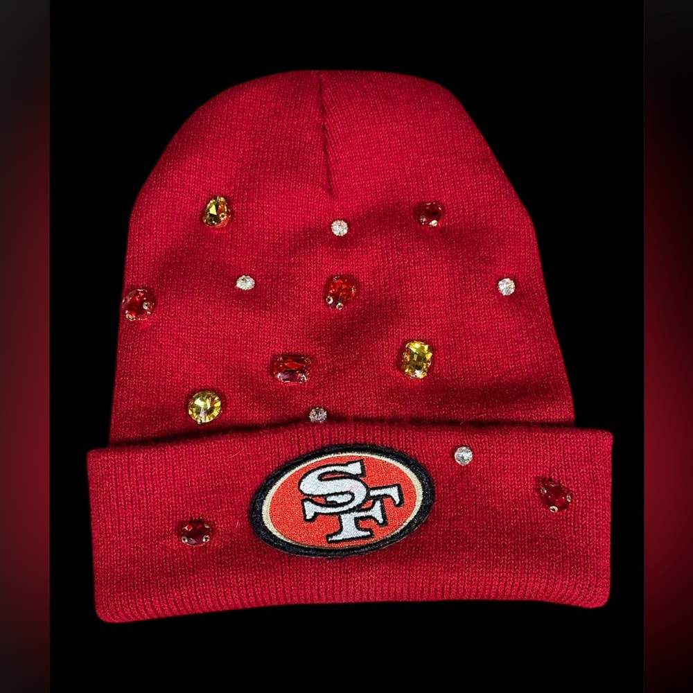 Beanie with Forty Niner Patch and Hand Sewn on Embellishments. Created By Me
